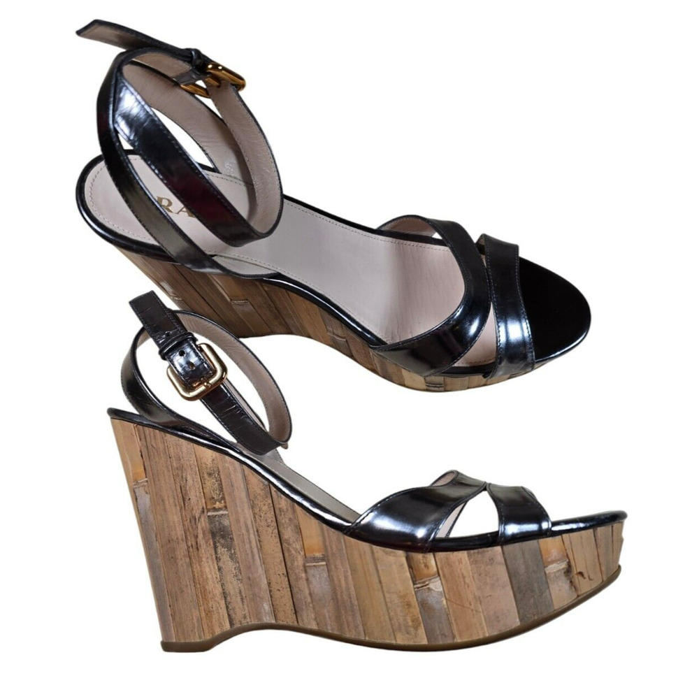 PRADA Heels Silver Womens 11 Open Toe Sandal Shoes Designer Luxury Wedding Wedge